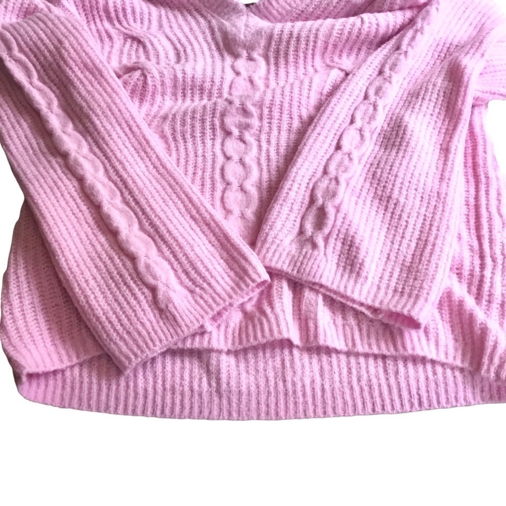 Kikit Hooded V-Neck Pullover Long Sleeve Cable Knit Fuzzy Pink Sweater - Picture 5 of 9